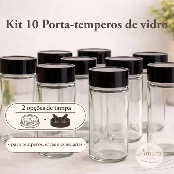 Kit 10 Porta Temperos de Vidro com Tampa | Potes para Temperos, Especiarias e Condimentos