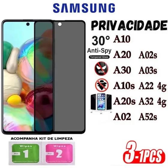 Kit (1/2/3pçs) Película Privacidade de Vidro 3D Anti Spy Samsung A10 A20 A30 A10S A20S A02 A02S A03S A22 4G A32 4G A52S