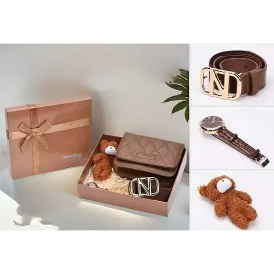 Kit Presente Feminino 4 Peças com Carteira + Carteira ou Cinto  + Relógio + Ursinho • Caixa Luxo