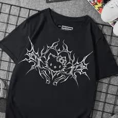 Camiseta Básica Unissex Hello Kitty Gótica Kuromi Y2K Streetwear 100% Algodão
