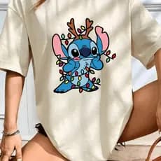 Camiseta Básica 100% Algodão Stitch Natal Camisa Feminina Lançamento