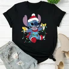 Camisa Camiseta Feliz Natal Stich T-shirt Gola Redonda Manga Curta