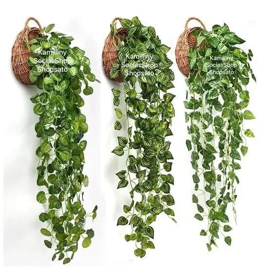 Planta Decorativa +3 Vasos Vime Trançado Marrom 3 Pendentes Artificial Folhas Penduradas