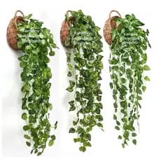Planta Decorativa +3 Vasos Vime Trançado Marrom 3 Pendentes Artificial Folhas Penduradas