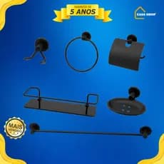 Kit 5 peças para banheiro completo PRETO FUME + porta shampoo prateleira de vidro fume luxo