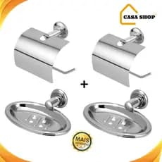 Kit acessorios 2 saboneteira e 2 porta papel higiênico, papeleira aço inox