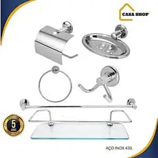 kit 5 acessórios para banheiro e lavabo  + porta shampoo vidro reto incolor