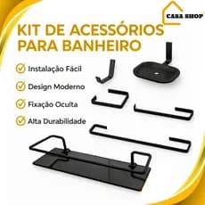 Kit Acessorio Para Banheiro Luxo Preto - Kit 05 Peças Quadrado Preto + 01 Porta Shampoo Preto