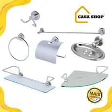 kit completo aço inox 7 peças para banheiro  porta shampoo  reto e canto vidro