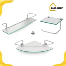 kit 3 acessórios para banheiro de vidro, porta shampoo reto e canto + papeleira com porta celular e utensílios