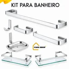 Kit Acessórios Para Banheiro Quadrado 5 Peças Luxo Cromado + 2 Porta Shampoo Reto Incolor.