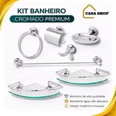 Kit Acessórios Banheiro Inox 5 Peças Com 2 Porta Shampoo Canto
