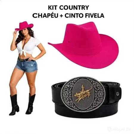 Kit Chapéu Country Cowboy Suede + Cinto Fivela Peão Sertanejo Rodeio Cavalgada Festa Junina Unissex