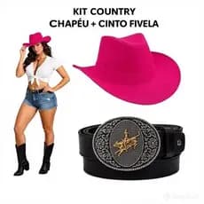 Kit Chapéu Country Cowboy Suede + Cinto Fivela Peão Sertanejo Rodeio Cavalgada Festa Junina Unissex