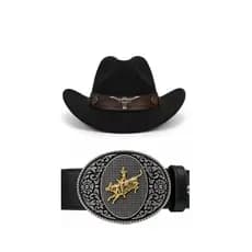 Chapéu Cowboy Preto Masculino Feminino Country Rodeio Fivela Touro Festa Junina Faroeste Unissex