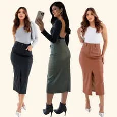 Saia Mídi Couro Fake Feminino Luxo Elegante - Cintura Alta Com Bolsos e Zíper