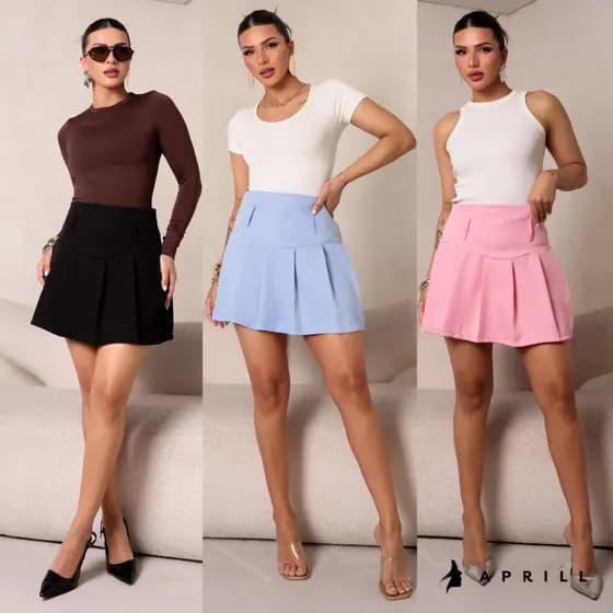 Short Saia Alfaiataria Feminina Plissada - Cintura Alta Elegante Colegial