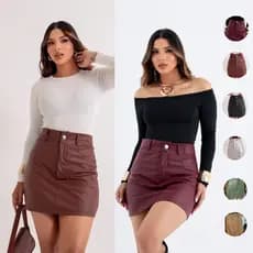 Saia Couro Fake Feminino Luxo Elegante - Cintura Alta Zíper E Forro