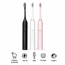 Escova de Dentes Eletrica Inteligente Ultrassonica USB 6 Modos Cabecas Substituiveis Higiene Oral