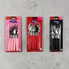 Jogo Talheres Preto Vermelho Rosa 12 Peças Aço Inox Cabo Plástico Faqueiro Facas Garfos Colheres
