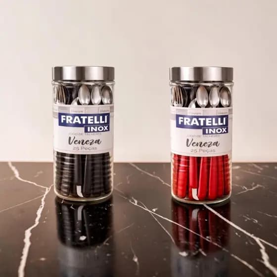 Jogo Talheres Preto Vermelho 25 Peças Aço Inox Pote vidro Faqueiro Facas Garfos Colheres Almoço