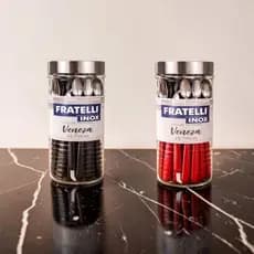 Jogo Talheres Preto Vermelho 25 Peças Aço Inox Pote vidro Faqueiro Facas Garfos Colheres Almoço