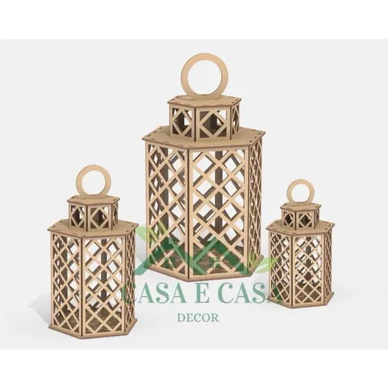 Trio de Luminaria Marroquina Mdf cru Sextavada Decorativa