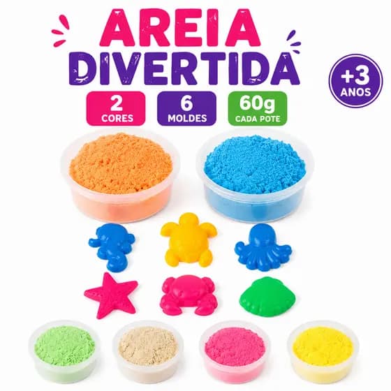 Areia Mágica Infantil Kit 2 Cores + 6 Forminhas Educativas