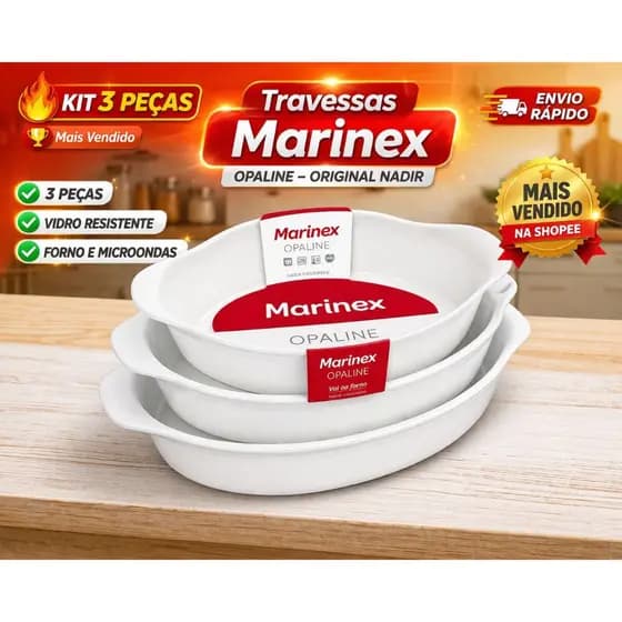 Jogo de Assadeiras Marinex Opaline 3 Peças Nadir Travessa de Vidro Branco Forno Microondas.