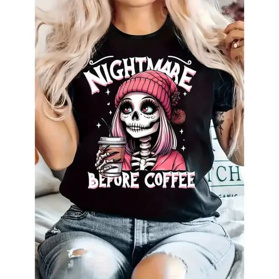 Linda Camiseta Tshirt Camiseta Feminina Nightmare Before Coffee Esqueleto Arte Design Geométrico Estilosa Confortável Di
