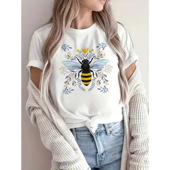 Linda Camiseta Tshirt Camiseta Feminina Abelha Abstracto Floral Estampa Transpiravel Confortavel Elegante Estilosa Moda