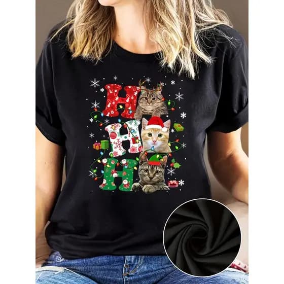 Linda Camiseta Tshirt Camiseta Feminina Natal Gato Festiva Básica Manga Curta 100% Algodão blusa Premium Postagem 24h