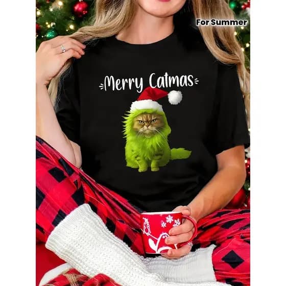 Linda Camiseta Tshirt Camiseta Feminina Merry Catmas Gato Natalino Chapéu Santa Cachecol Coração Estampada Confortável D