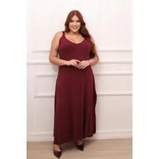 Vestido Longo Plus Size em Viscolaycra com Fenda Lateral, Alças Largas – Vinho Açai  (Tamanhos 46 ao 54)
