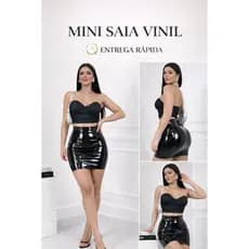 MINI SAIA VINIL SAIA PRETO BRILHOSO ZIPER NA LATERAL SAIA COURO FAKE MODA FEMENINA