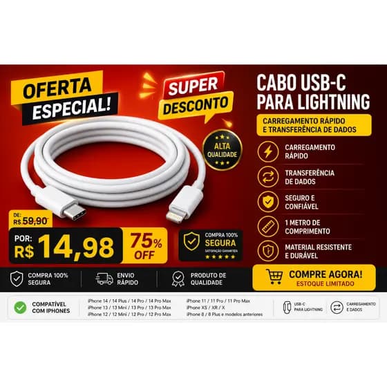 Cabo Carregador USB-C para Lightning 1 Metro Compatível com iPhone Carregamento Rápido