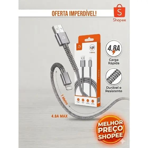 Cabo Carregador iPhone Lightning Reforçado Nylon 4.8A Carga Rápida 1 Metro H’Maston