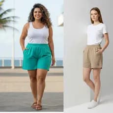 Short Duna Feminino Plus Size  Cós Alto Com Elástico Bolso Lateral  Forrado Várias Cores