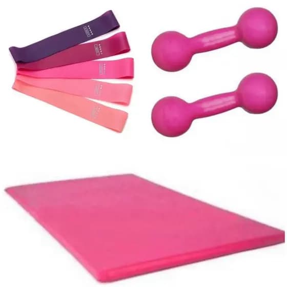 Treino Profissional: Halter 3kg + Colchonete Rosa + Mini Band Rosa