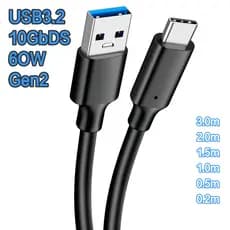 Cabo tipo C 2 metros USB 3.2 10Gbps para Xiaomi Redmi Samsung 3A cabo de carregamento rápido 60WPD