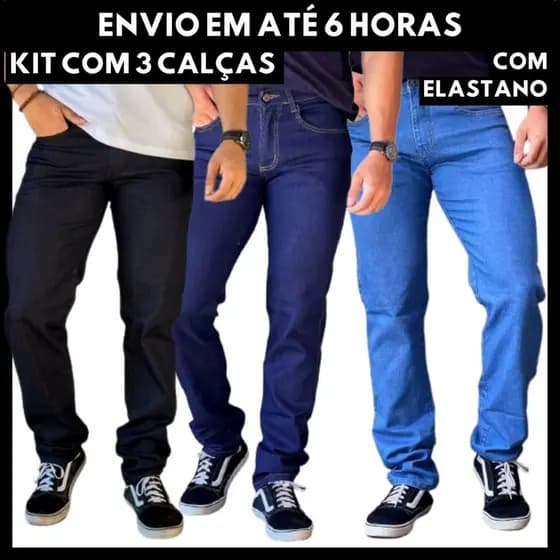 Kit 3 Calça Jeans Masculina Elastano Reta Lycra Promoção Trabalho Serviço Casual Básica