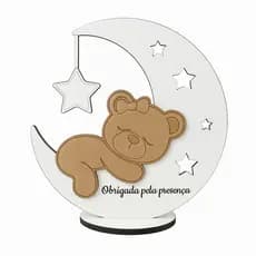 Kit 6 Centros De Mesa MENINA BEBE Lembrancinha Ursinha Com laço Na Lua Em MDF Branco