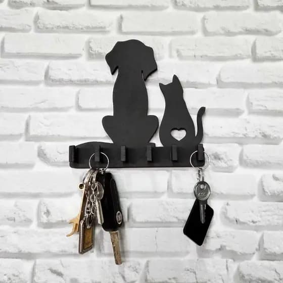Porta Chaves Para Parede Cachorro e Gatinho Vazado 6 Ganchos MDF Para Decoração