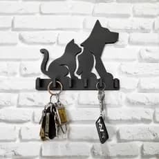 Porta Chaves Para Parede Gato e Cachorro Vazado 6 Ganchos MDF Para Decoração