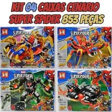 Kit 4 Caixas Blocos de Montar 853 Peças Spider-Man Iron Spider Venom e Carnage Presente Criativo