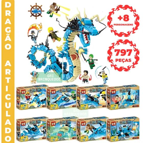 Kit Presente Criativo 8  Caixas Blocos de Montar Dragão + Equipe Pirata – Presente Infantil