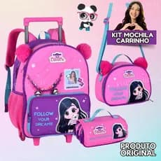 Kit Mochila Rodinha + Lancheira + Estojo Luluca Pompom Pandinha Infantil Original Carrinho Rosa - CLIO