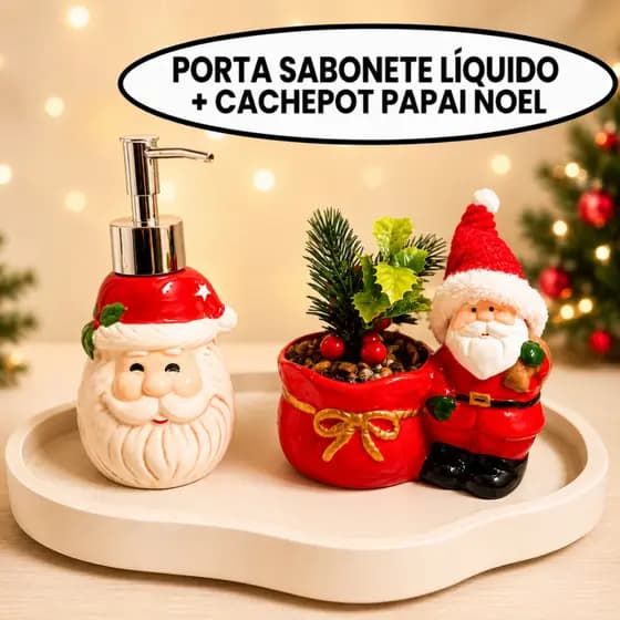 Decoração Natalina Cachepot com Cerejinha Saboneteira Neve Artificial Presente Papai Noel