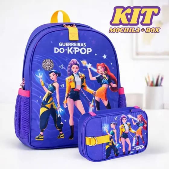 Mochila Costas e Estojo Box Guerreiras do Kpop Huntrix Escolar Feminina Resistente Yumi