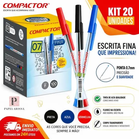 Kit Caneta Compactor 0.7mm Esferográficas Escrita Fina  Azul Preta Vermelha ORIGINAL Material Escolar Escritorio